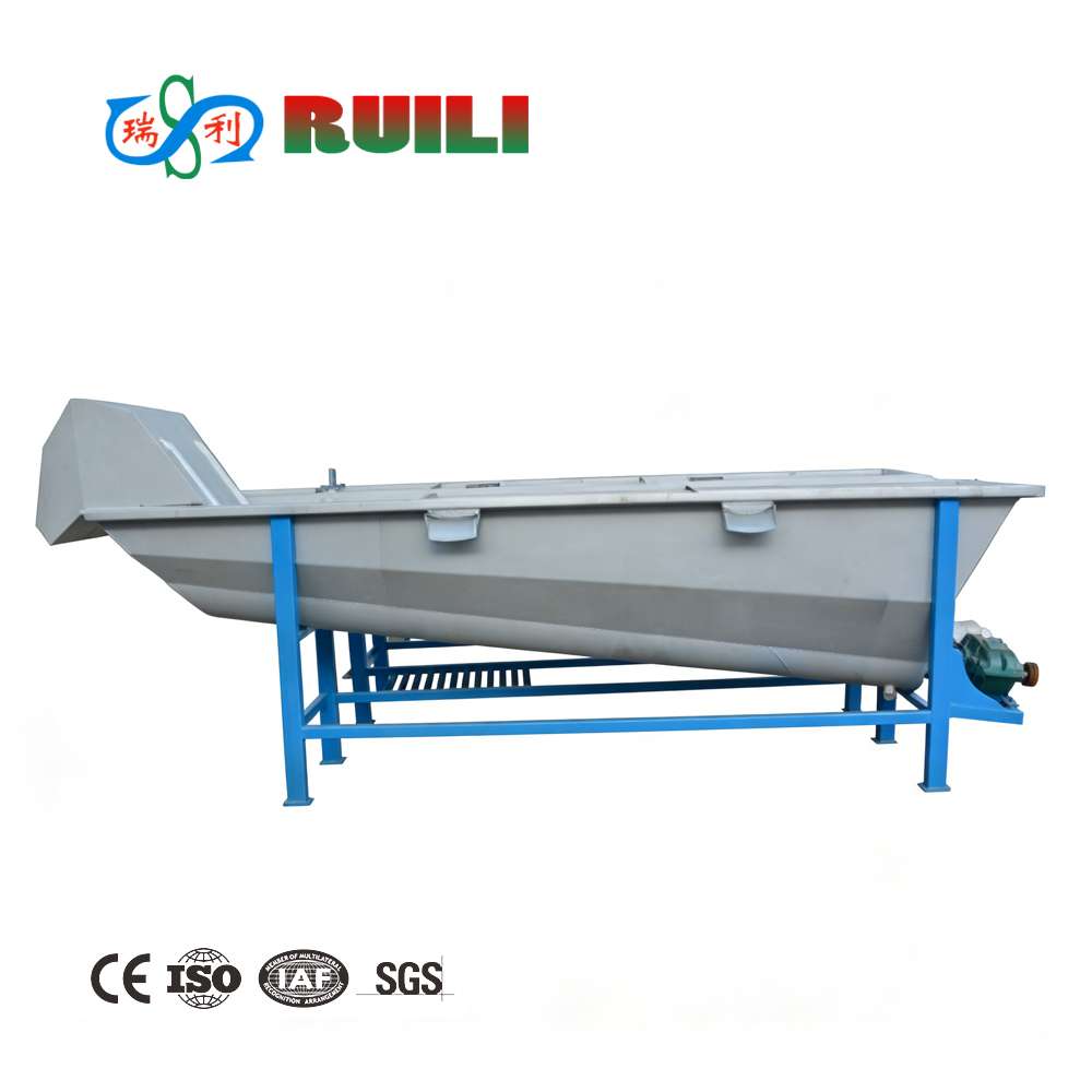Industrial plastic washing tank for PET bottle flake recycling, featuring sink-float separation for bottle cap removal, compatible with ABS and PVC sink plastics, suitable for standalone or assembly line use in plastic recycling cleaning processes.